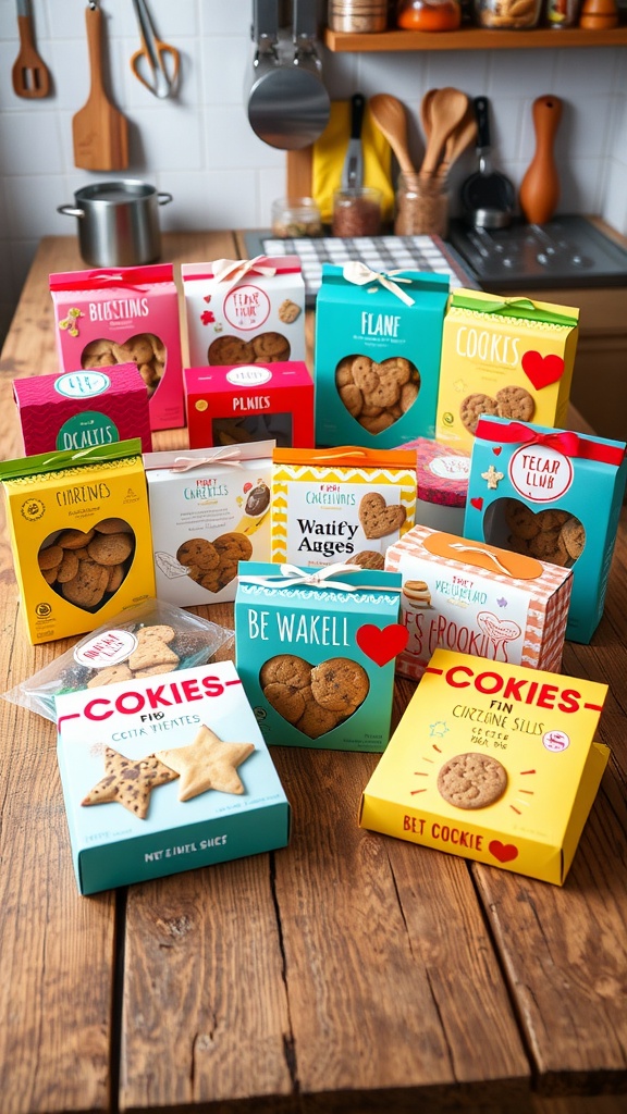 Vibrant cookie kits packaging displayed on a table, featuring playful designs and clear labels.